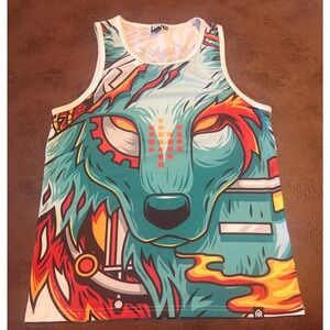 INTO THE AM Mens Graphic Tank Top Wolf Fire Mech Design Size M